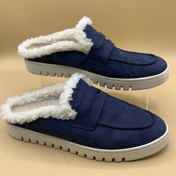 Vionic Shoes - Vionic Uptown Mule Women's Faux Fur Navy Blue Slip On Shoes Casual Cozy - Size 9